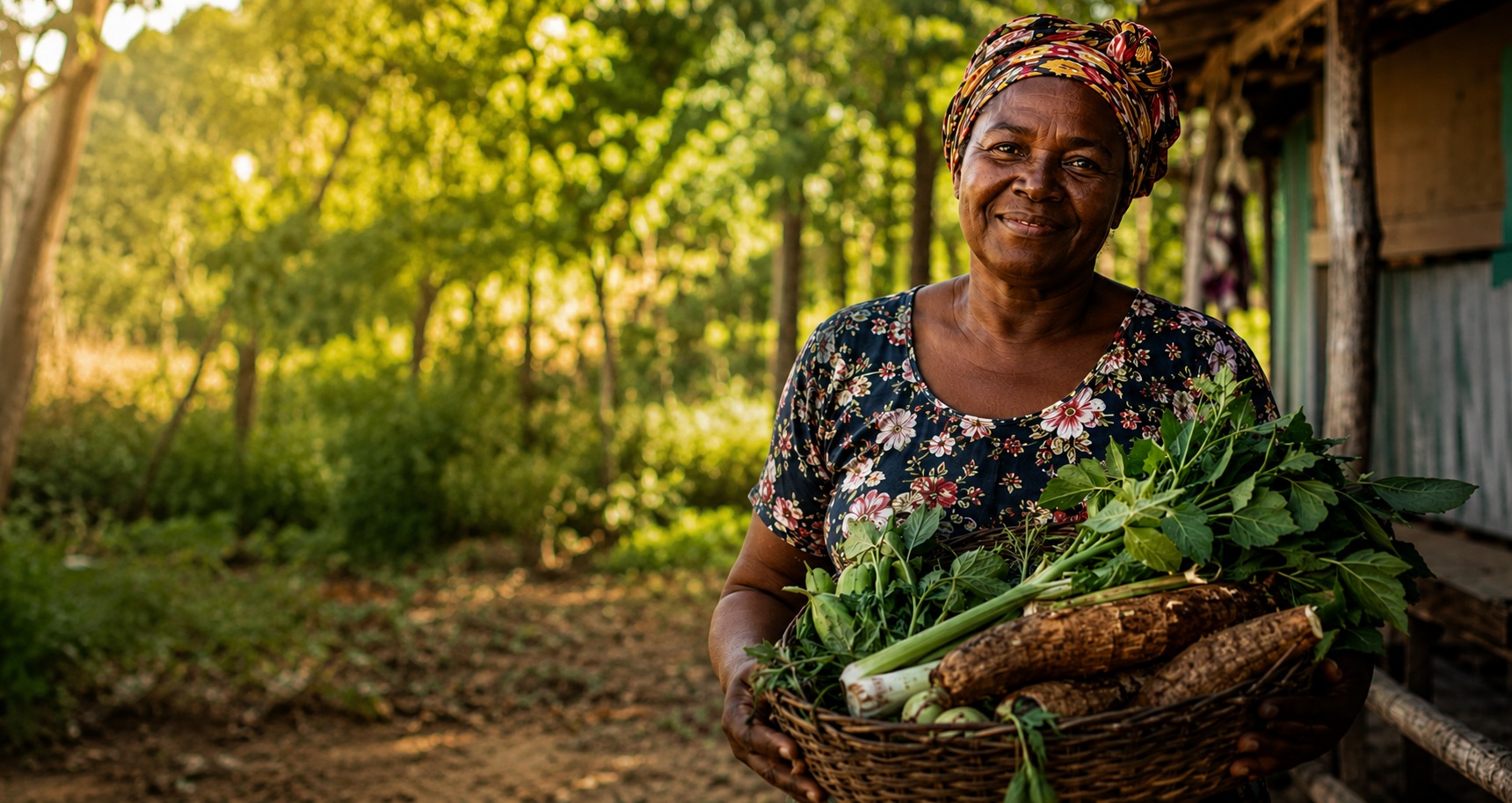 Mulher quilombola com produtos da colheita — povos e comunidades tradicionais no PNAE